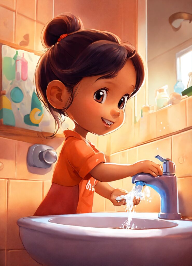 A Girl washing hands with soap and water