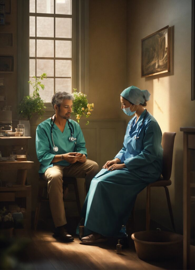 Woman speaking to a healthcare provider or receiving medical attention