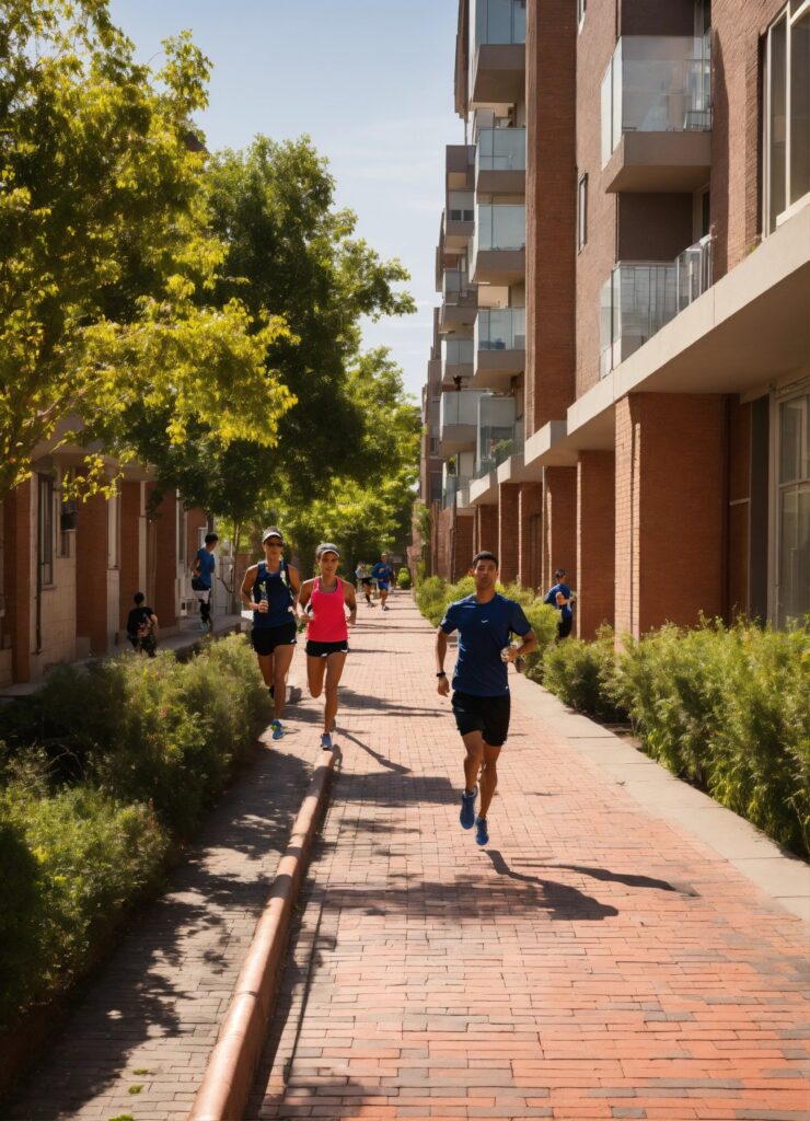 People engaging in healthy behaviors like exercising, eating nutritious foods, or practicing mindfulness