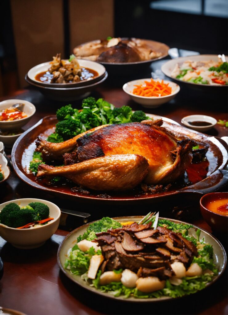 Various non-vegetarian foods like meat, fish, and poultry