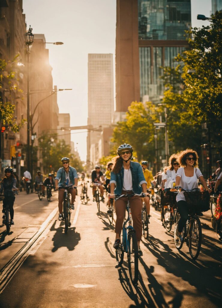 People riding bicycles or using public transportation, such as buses or trains, to reduce air pollution from vehicle emissions.