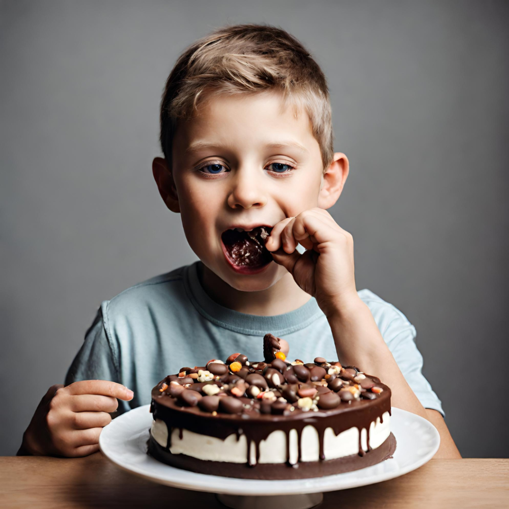 Child eating chocolate cake