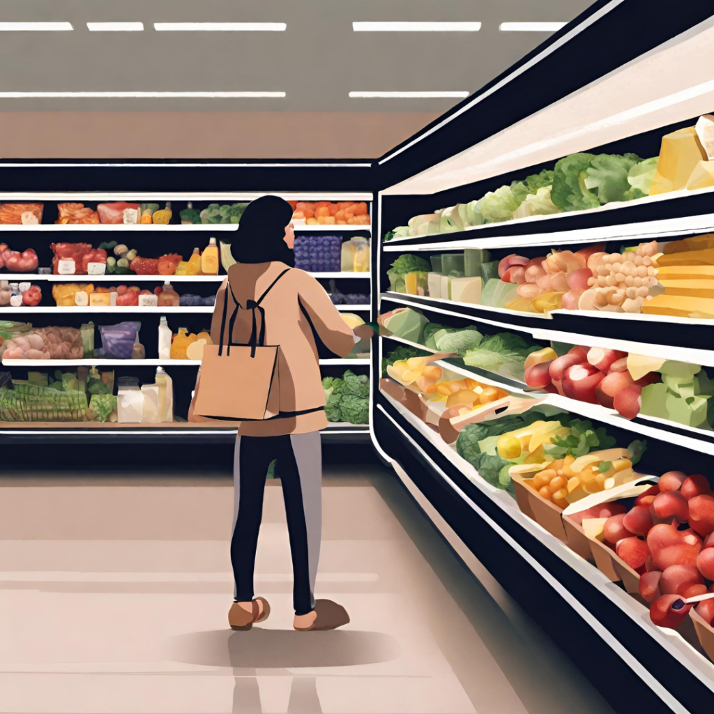 Girl shopping for nutritious foods at the supermarket