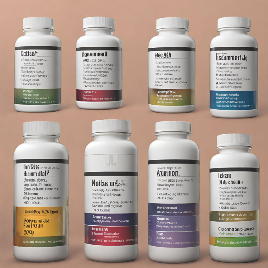 Supplement bottles with labels indicating recommended intake levels