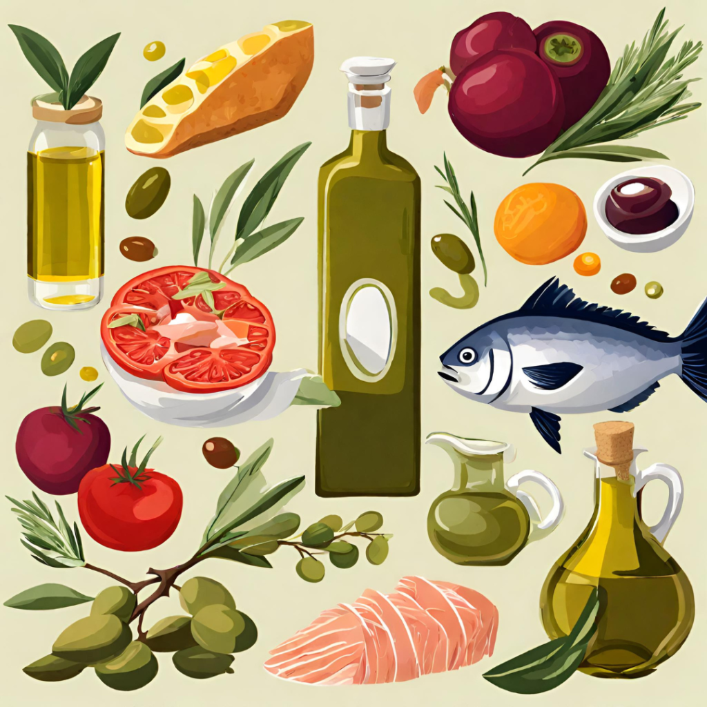 Various Mediterranean diet foods like olive oil, fruits, vegetables, and fish